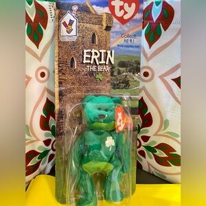 Vintage Ty Erin the Bear Beanie Babies Plush - Vibrant Green with White Shamrock